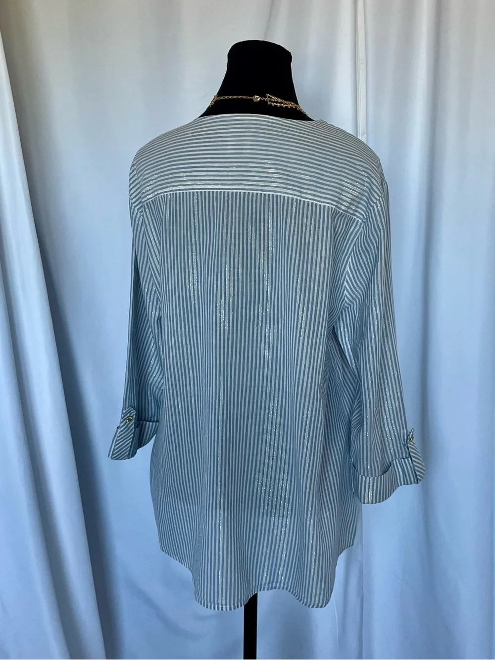 Anne Klein Swimsuit Cover Up Full Zip Blue White Gold Pinstripe Coastal Size XL